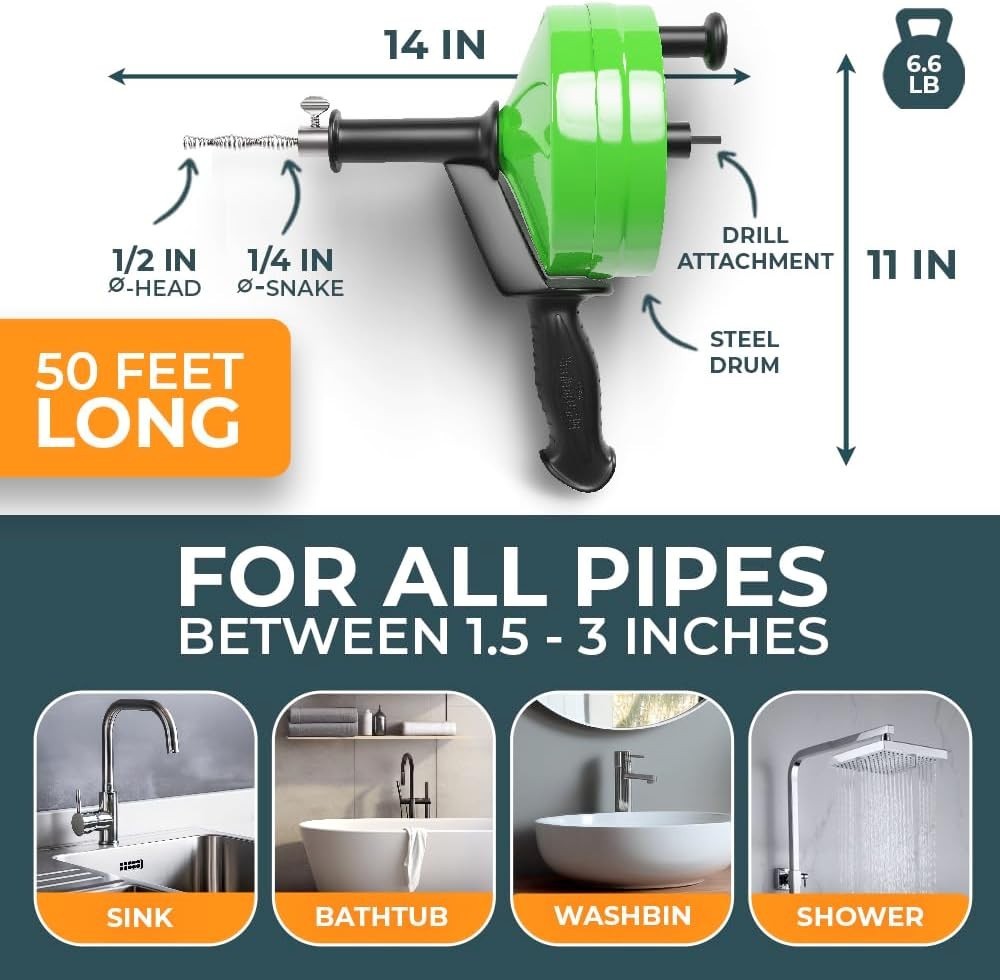Professional Grade 50FT Drain Snake - Includes Drill Attachment and Gloves