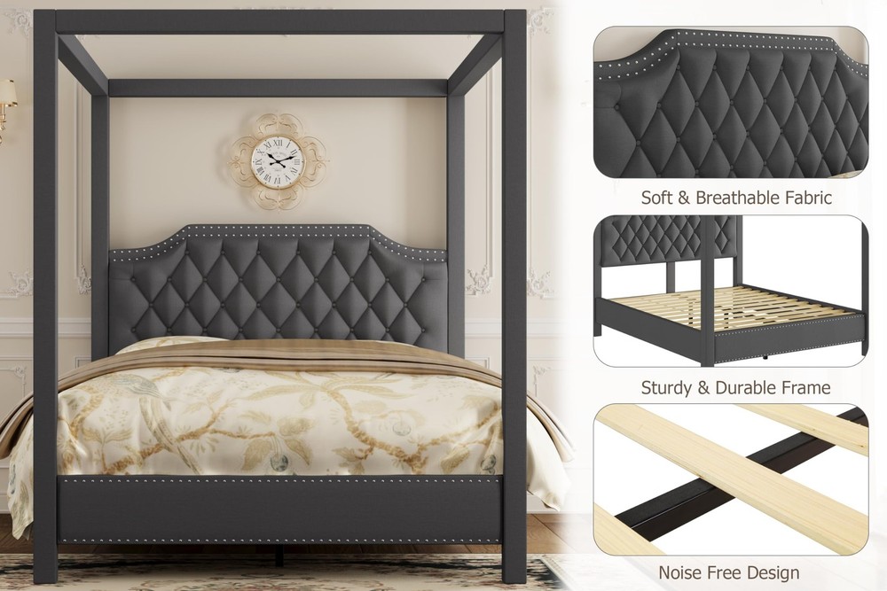 Upholstered Canopy Bed Frame Queen Size with Headboard, Button Tufted, Nailhe...