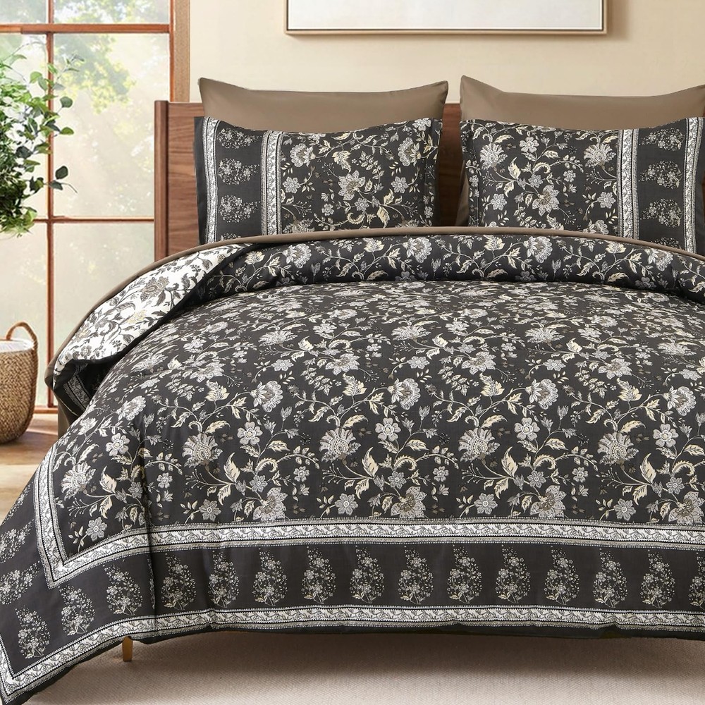 Dinjoy Comforter Set King Size Boho, Reversible Brown Gray King,