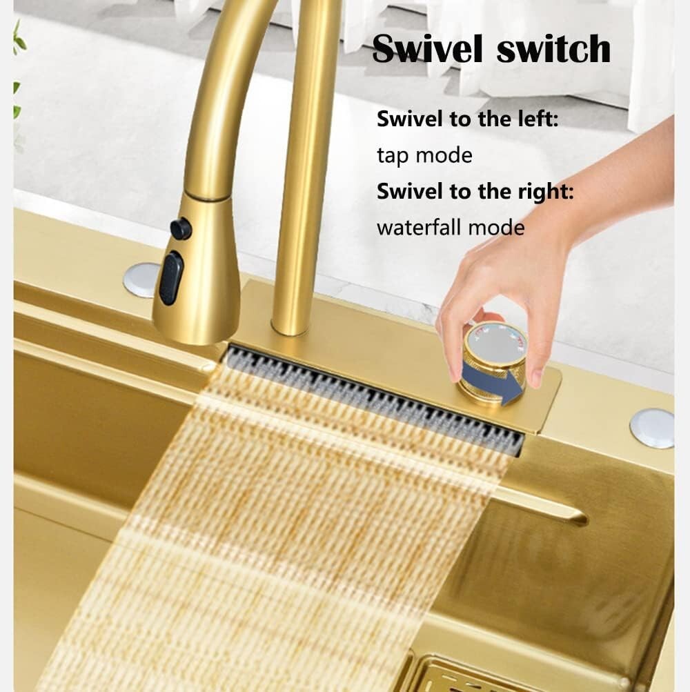 33x22 IN Gold Flying Rain Stainles Steel Watefall Kitchen Sink w PullDown Faucet