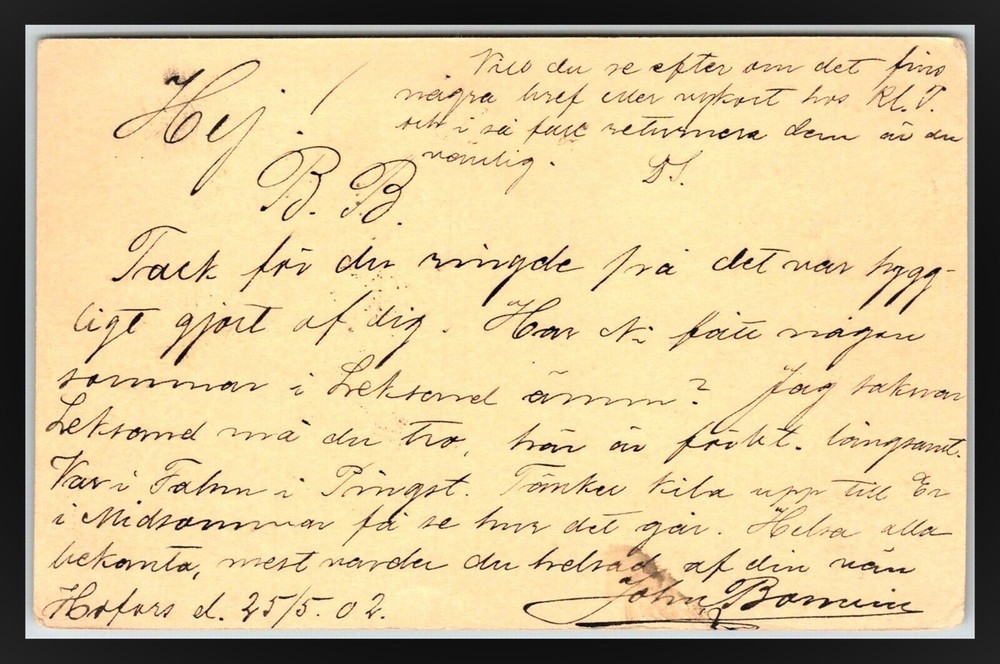 1902 SWEDEN POSTAL CARD HAND DATED 25 MAY 02 ON REVERSE