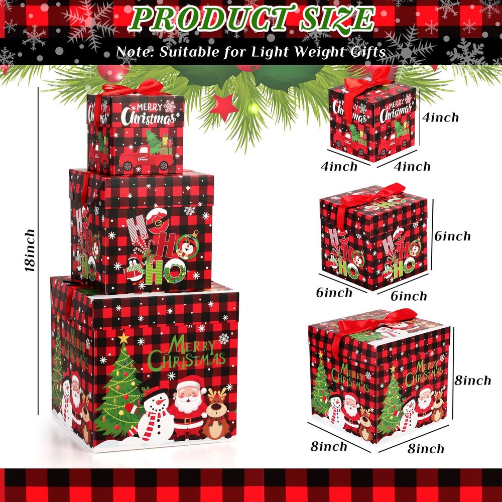 3 Pcs Christmas Nesting Gift Boxes Buffalo Plaid Xmas Stackable Boxes Black R...