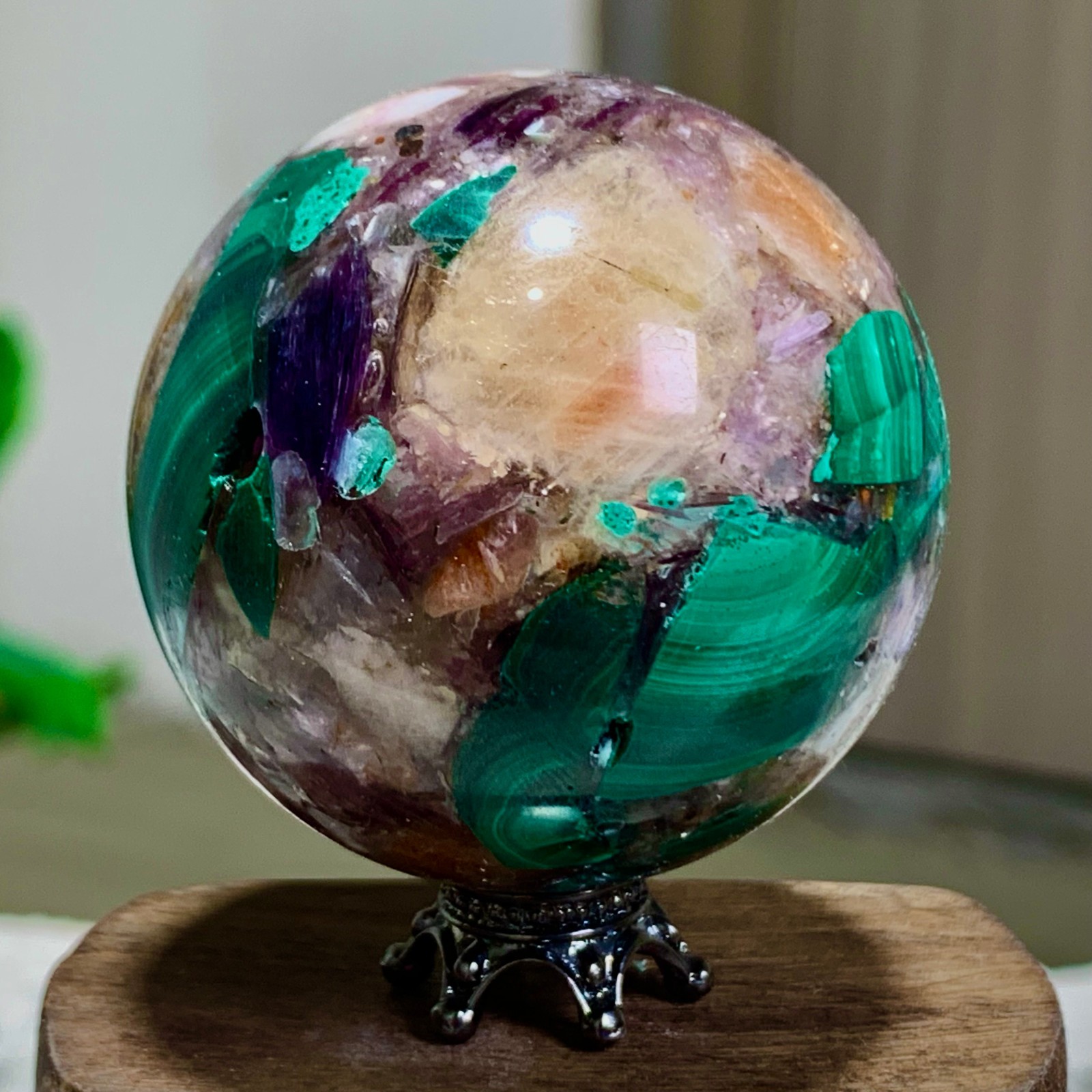 116G Newly discovered rare malachite purple mica symbiotic sphere restoration