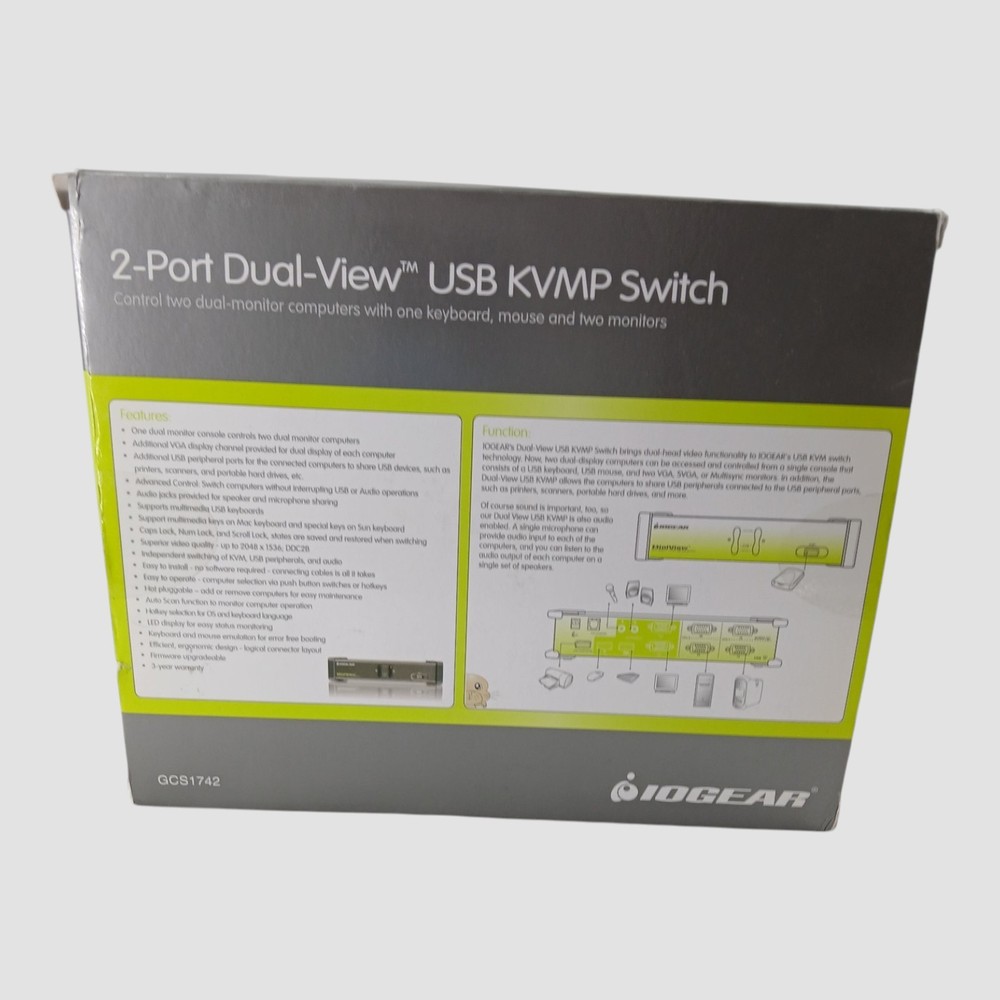 Iogear 2-Port Dual View KVM Switch with Audio&USB Peripheral Sharing-Untested