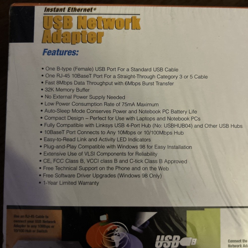 Linksys USB Network Adapter Model No. USB10T Cable DSL Compatible Ethernet