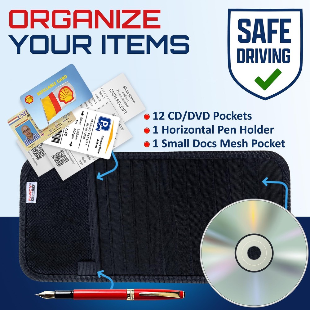 Car CD Case Holder - Sun Visor Organizer for 12 CDs/DVDs, Mesh Pockets