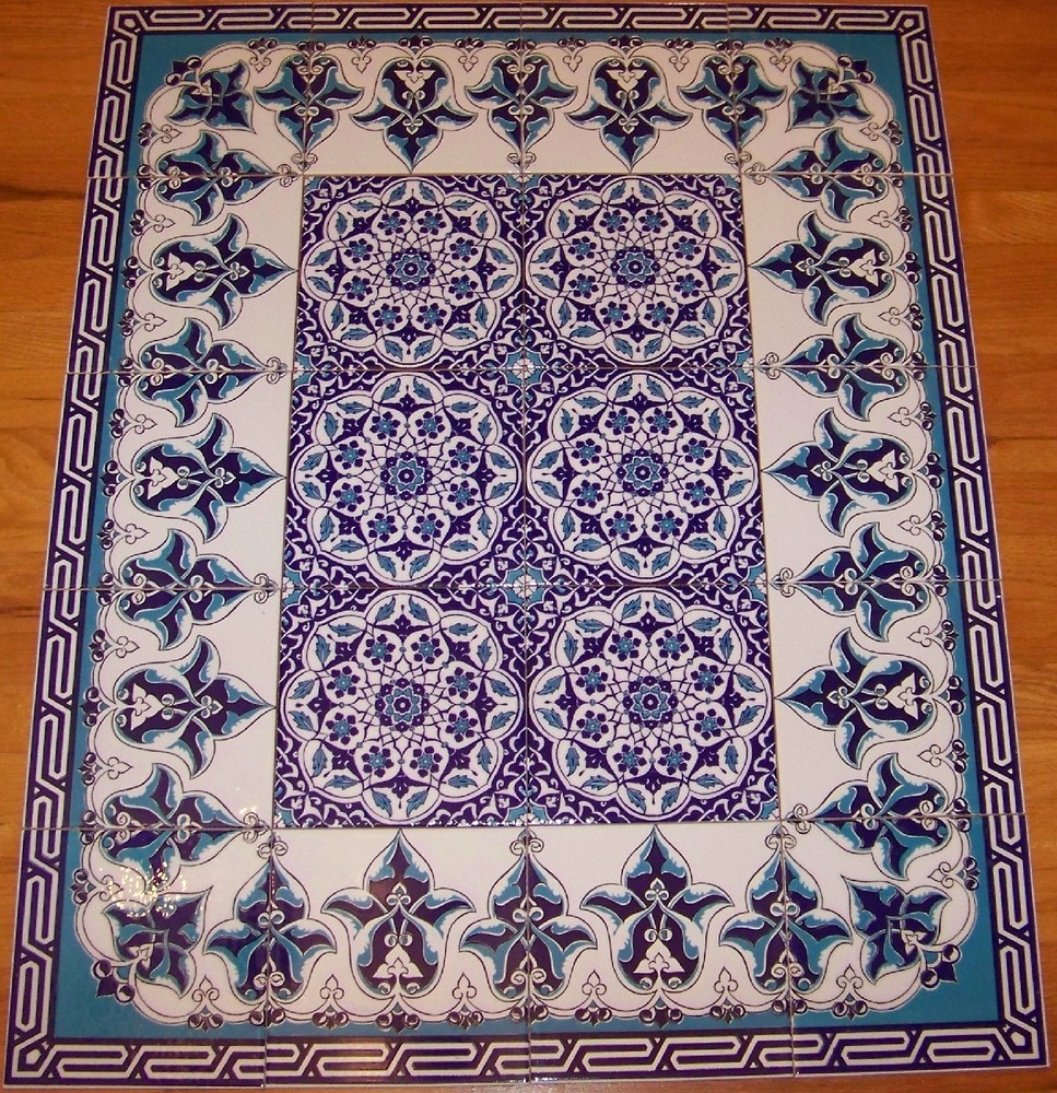 Blue & White Iznik Floral Pattern Border 40"x32" Ceramic Tile Panel Mural