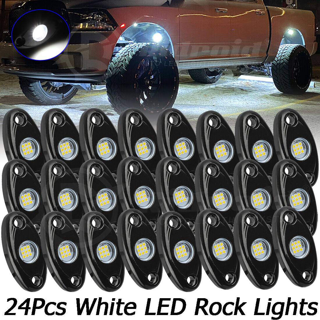 24X White LED Rock Lights Underbody Trail Rig Glow Lamp Offroad SUV Pickup Truck