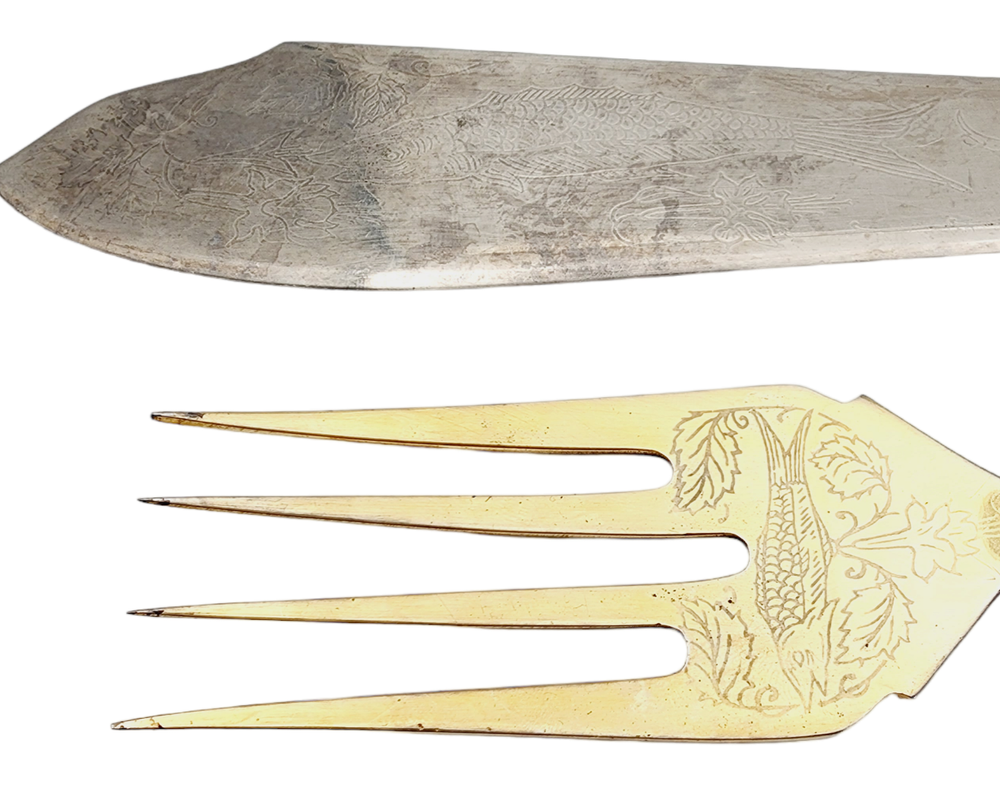 Antique Russian 875 Solid Silver Fish Serving Set Fork Knife Neo Classic Design