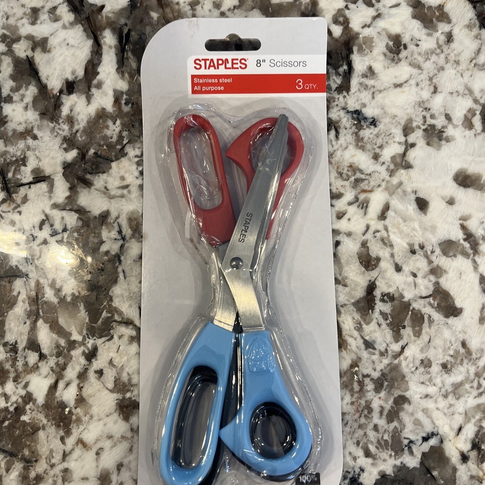 Staples 8" Bent All-Purpose Scissors, 3-Pack, Assorted Colors