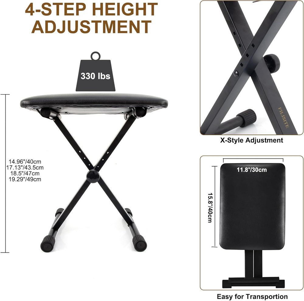 Keyboard Bench X-Style Height Adjustable Padded Cushion Foldable Stool Portable