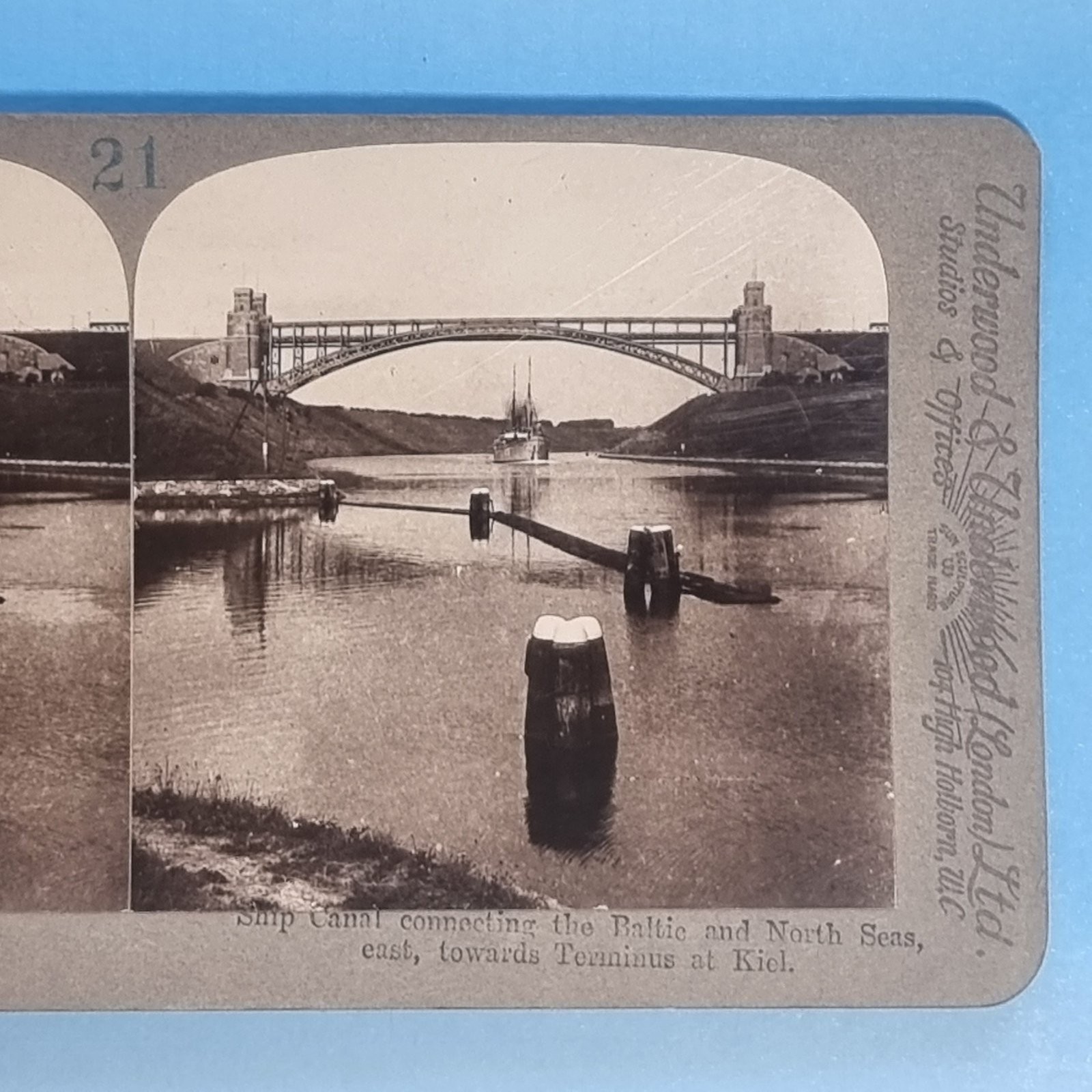 WW1 Stereoview Card 3D RP C1916 Kiel Germany Ship Canal Ship Vessel Bridge