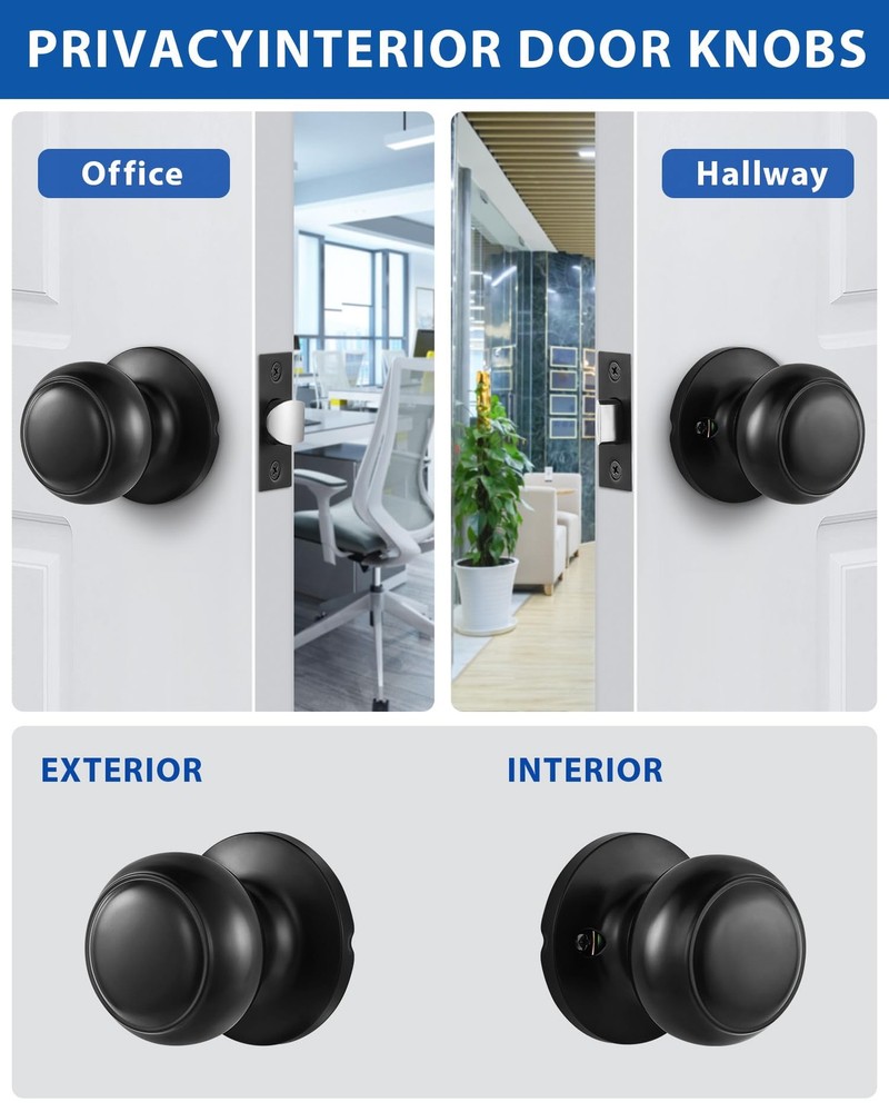 Lanwandeng Matte Black Passage Door Knobs Round Handles for 1 Pack,