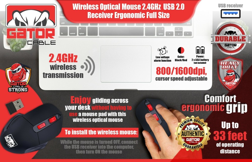 Wireless Optical Mouse Ergonomic USB Receiver 2.4GHz for Laptop PC Computer Mac