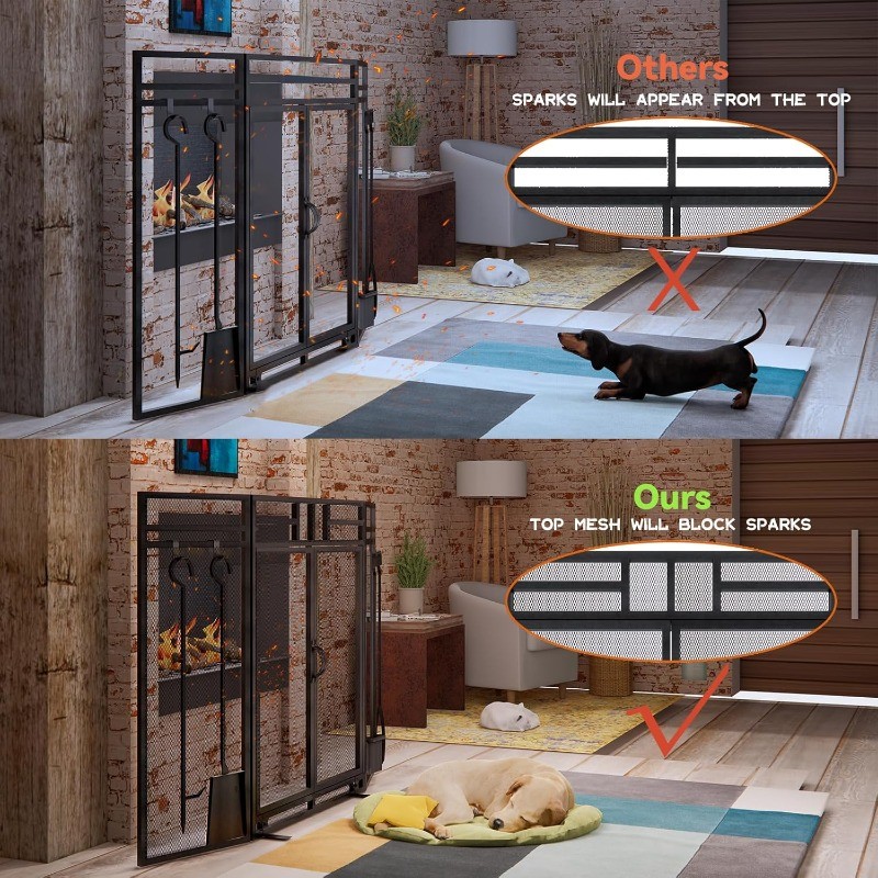 Fireplace Screen with Doors and Tools Set,3 Panel Foldable Metal Fireplace Guard
