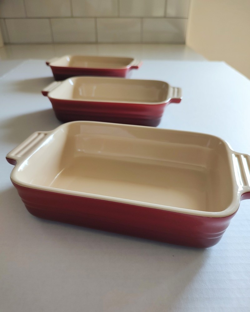 Le Creuset Red Ceramic Rectangular Baking Dish Set 3-Piece Oven Safe