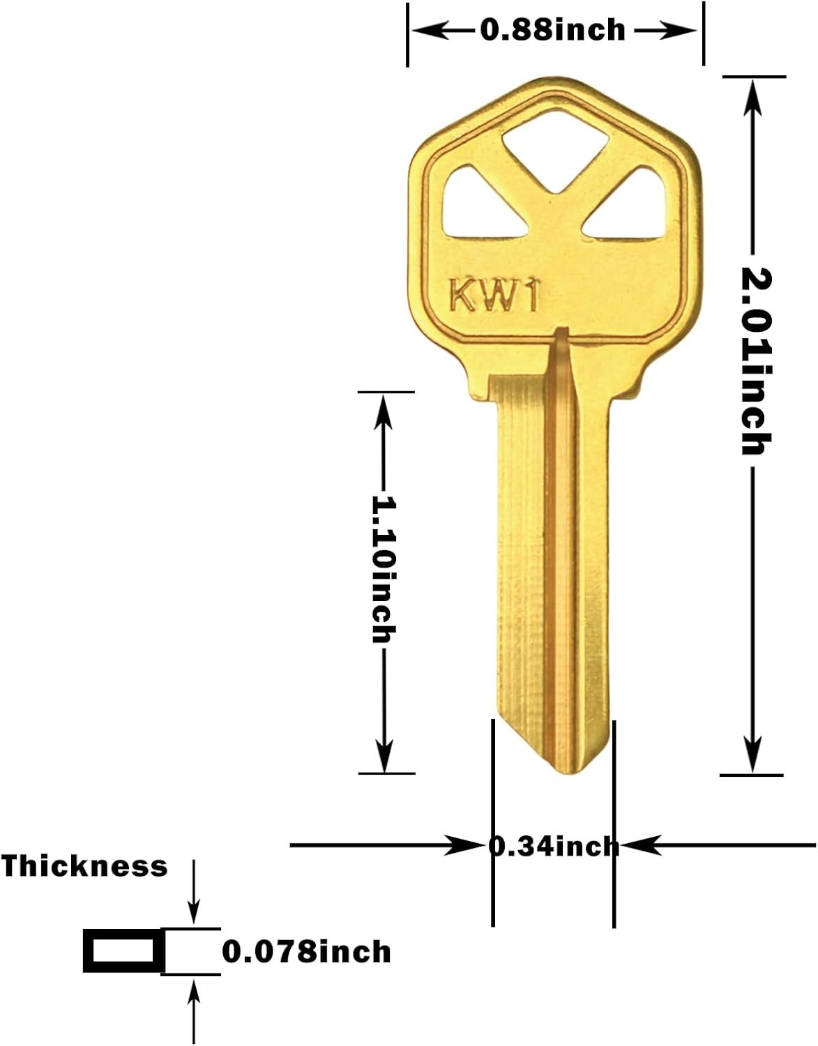Brass Finish Key Blanks, KW1 Uncut Blank Keys, Pack of 100 Keys