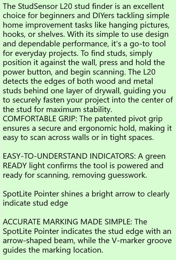 Zircon StudSensor L20 Stud Finder 0.75-in Scan Depth Wood stud Finder