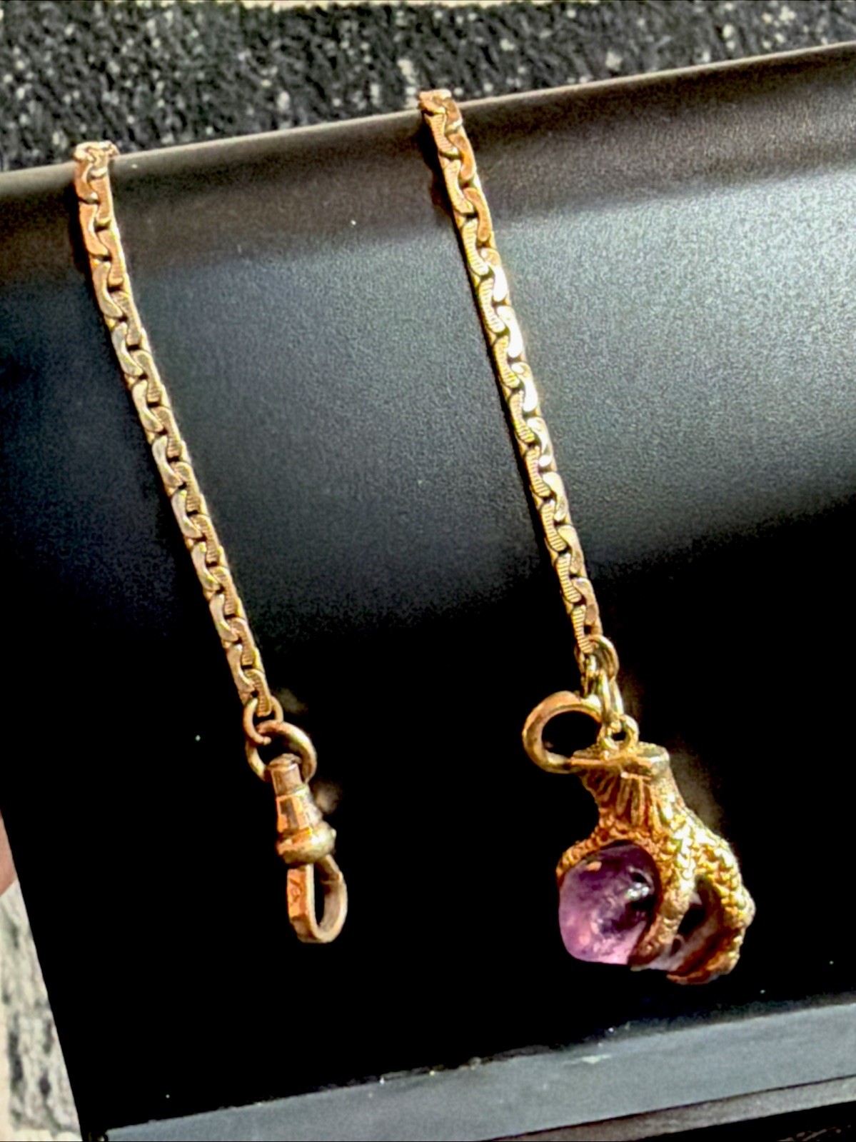 Vintage 9ct Solid Gold Amethyst Dragon Claw Fob Pendant SP Gold Filled 14” Chain
