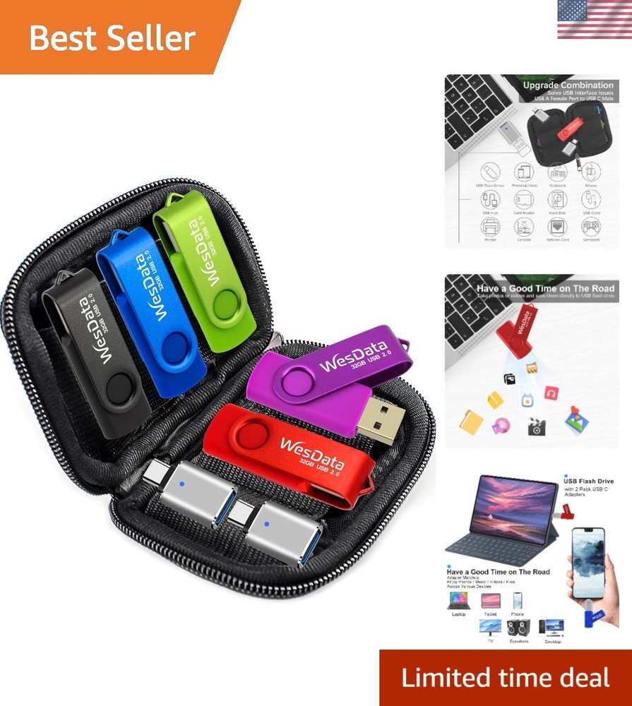 Stylish 5 Pack 64GB USB Flash Drives & USB C Adapters - High-Speed Data Transfer