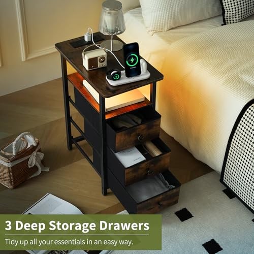 End Table with Charging Station, LED Narrow Side Table 3-Drawers Rustic Brown