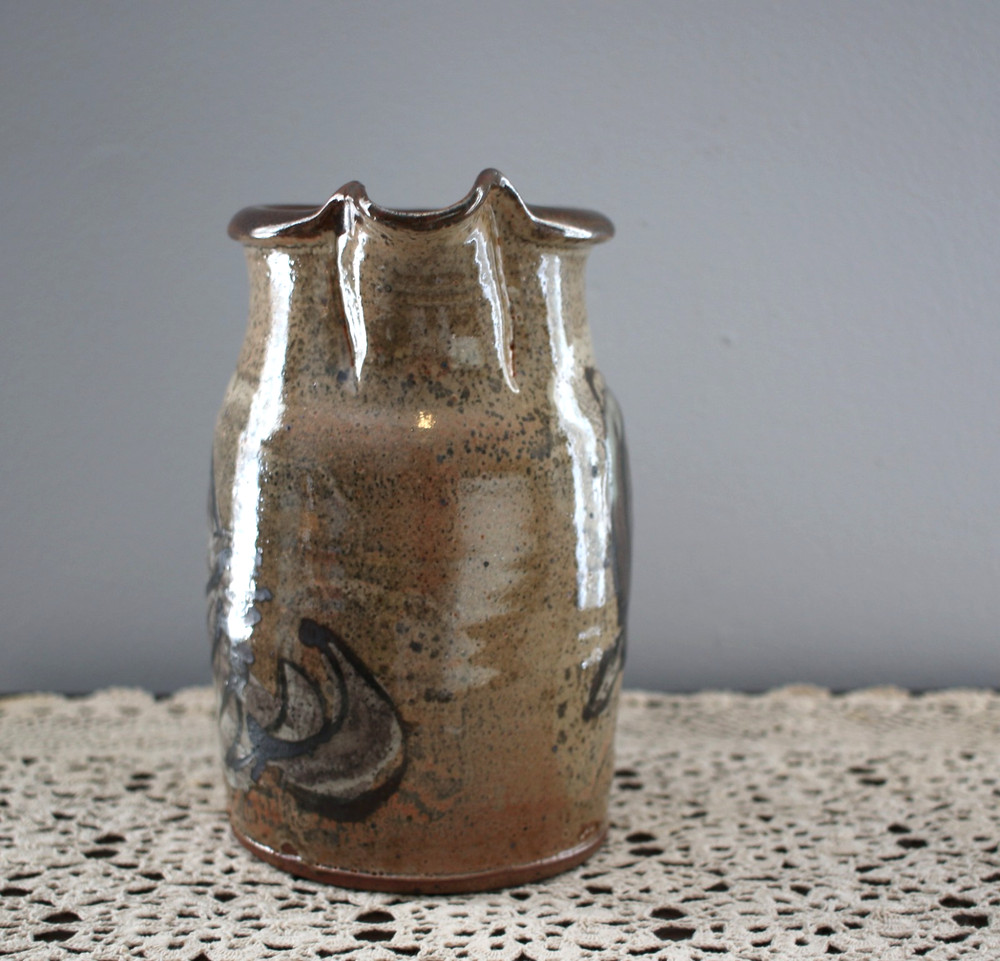 Art Pottery Studio Pitcher Signed LS Tan Brown Decorative Fish Pattern Speckled