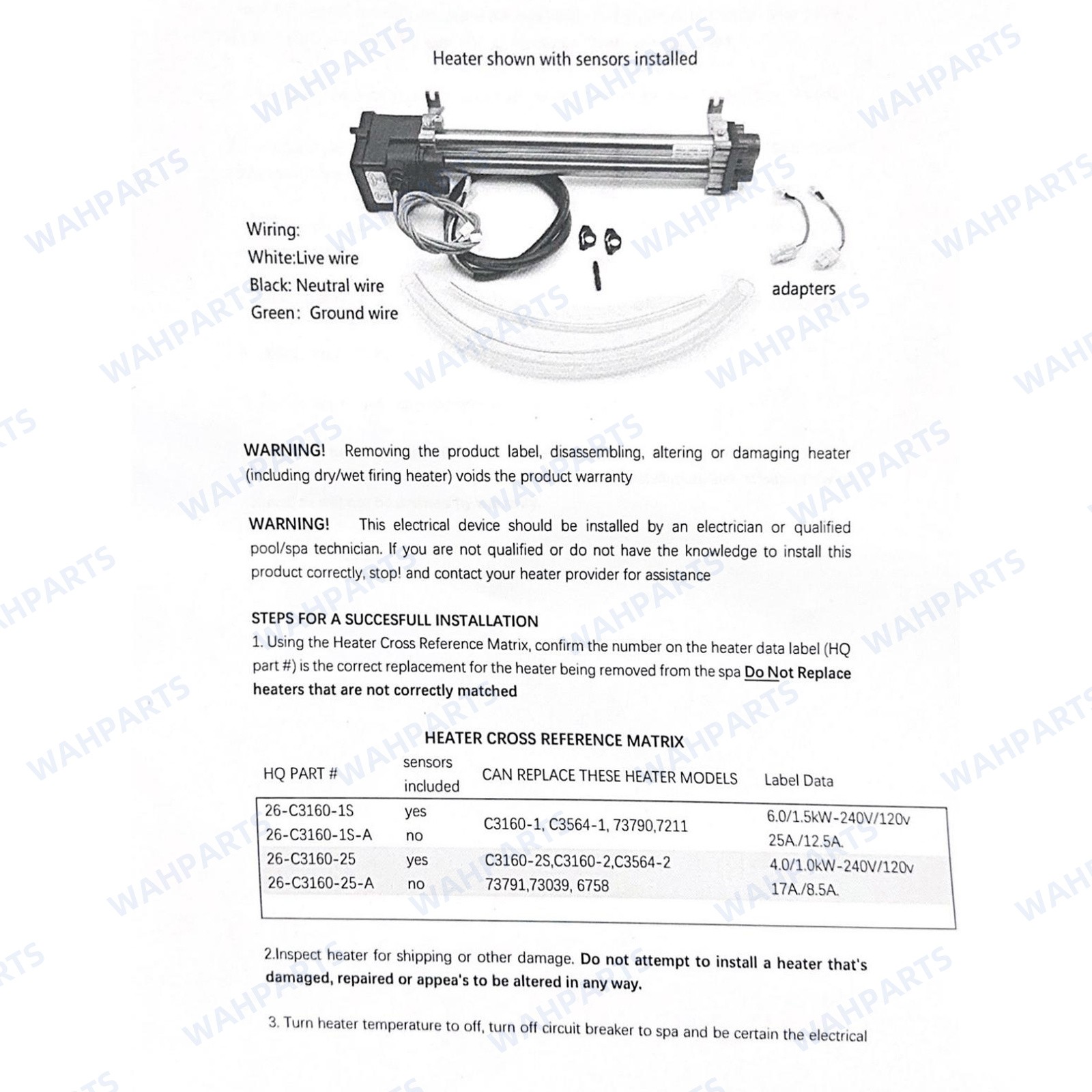 For Hot Spring Tiger River Watkins Limelight 6kW 120V-240V No-Fault Spa Heater