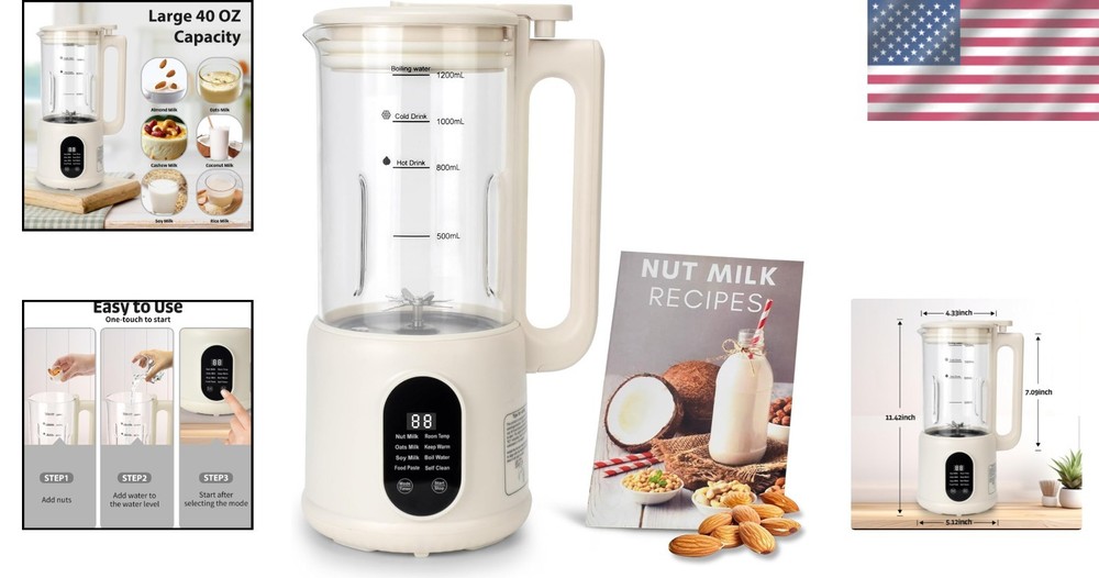 Stylish Nut Milk Maker with 40oz Capacity - 8 Functions & Self-Cleaning Feature