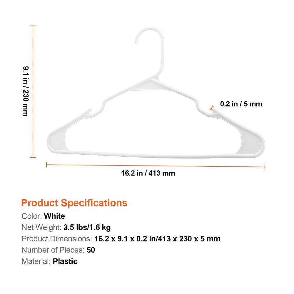 Slim 0.2-inch Hangers, 50-Pack, White, with Durable Triangular Structure