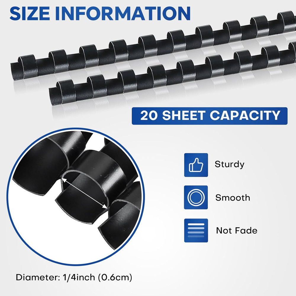100 Pack 21 Ring Plastic Comb Binding Spines | 1/4 Inch Diameter, 20 Sheet Ca...