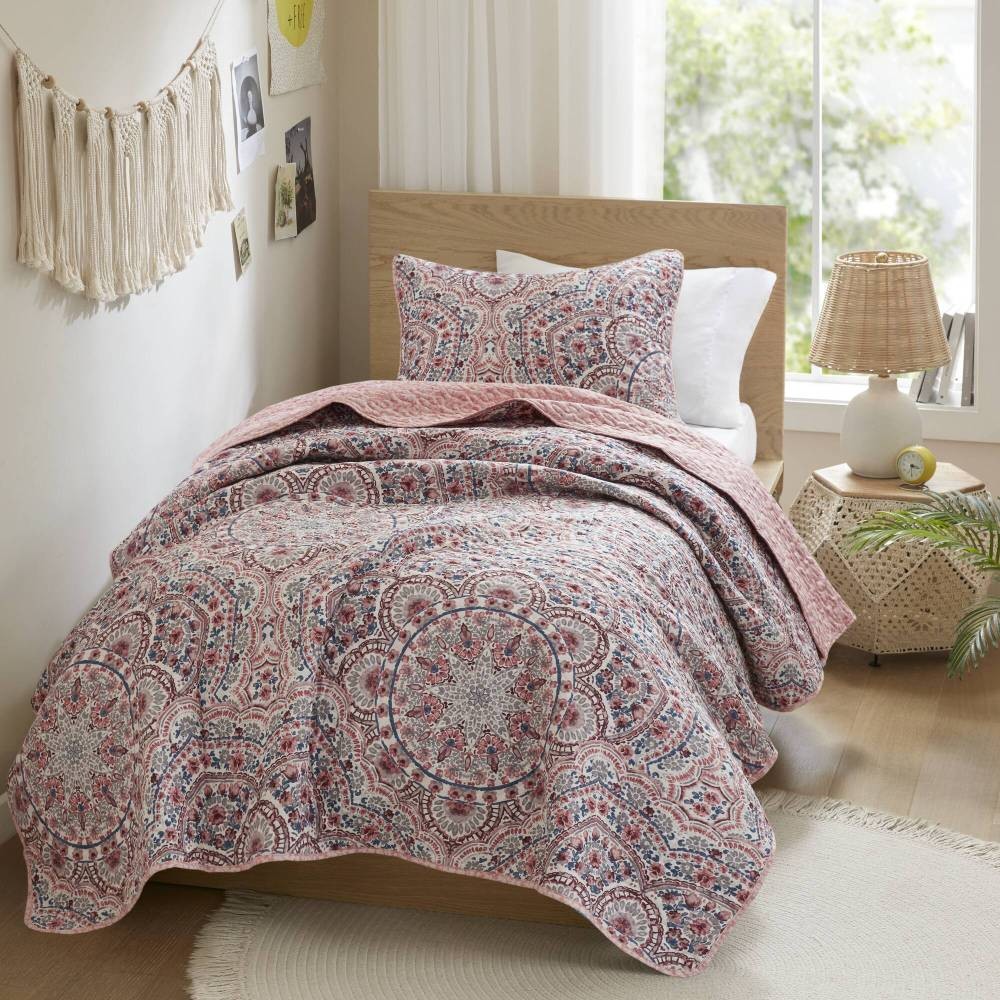 Twin Reversible Quilt Set 2pc Boho Medallion, Soft Polyester Fabric