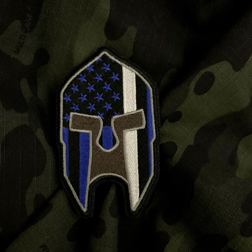Subdued Thin White Line American Flag Spartan Helmet Patch