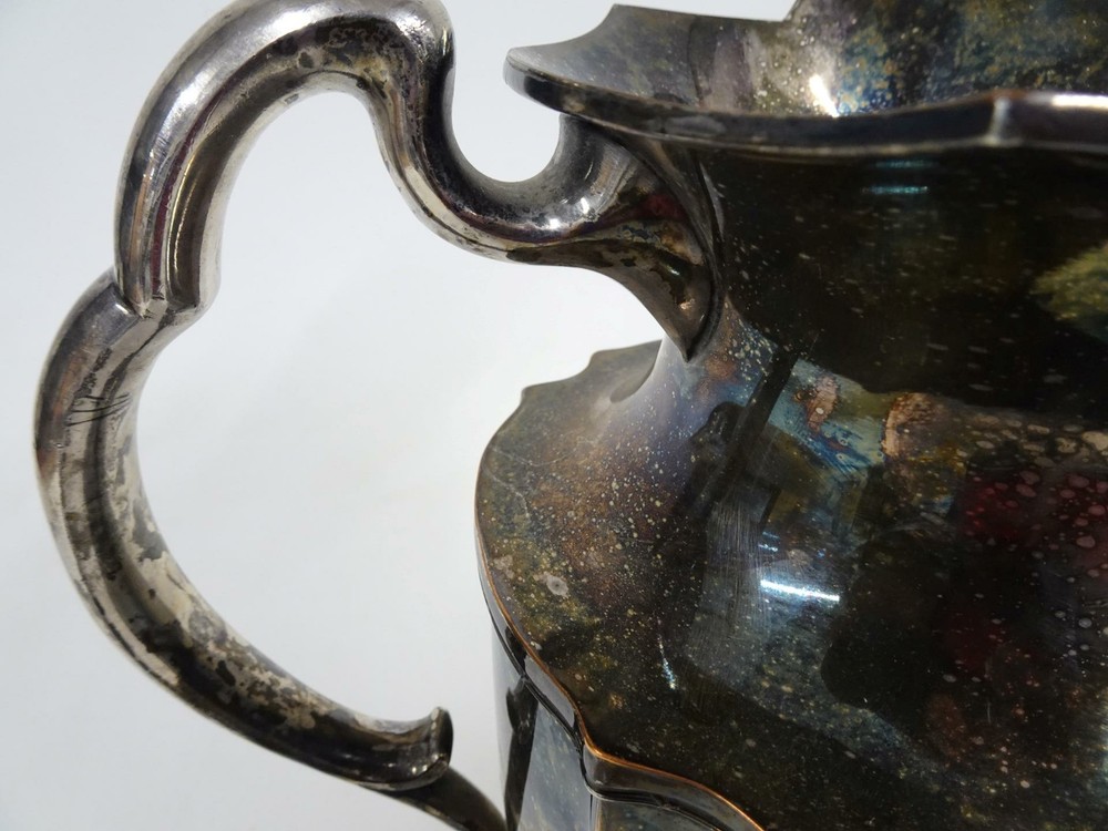 Sheffield United Kingdom Silverplate on Copper Large 12" Engraved EMW Pitcher