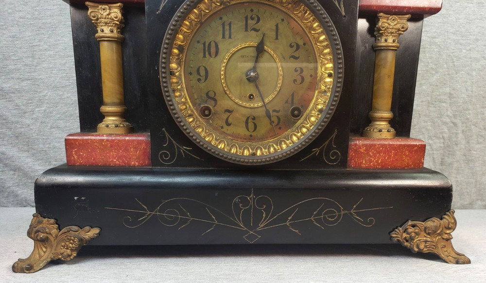 Antique Seth Thomas Red & Black Two Column Adamantine Mantel Clock & Pendulum PR