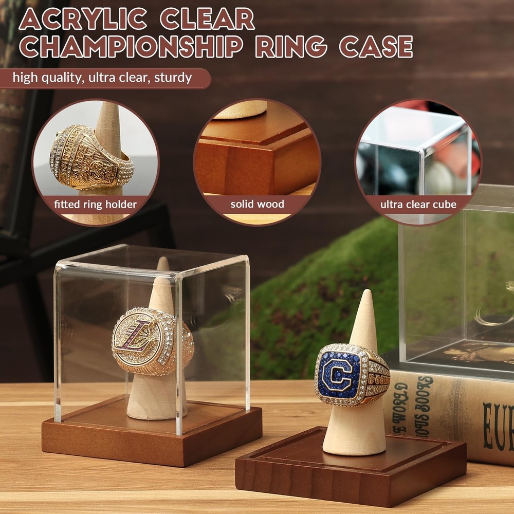JupDec Championship Ring Display Case, Clear Acrylic Single 1 Pack, Brown