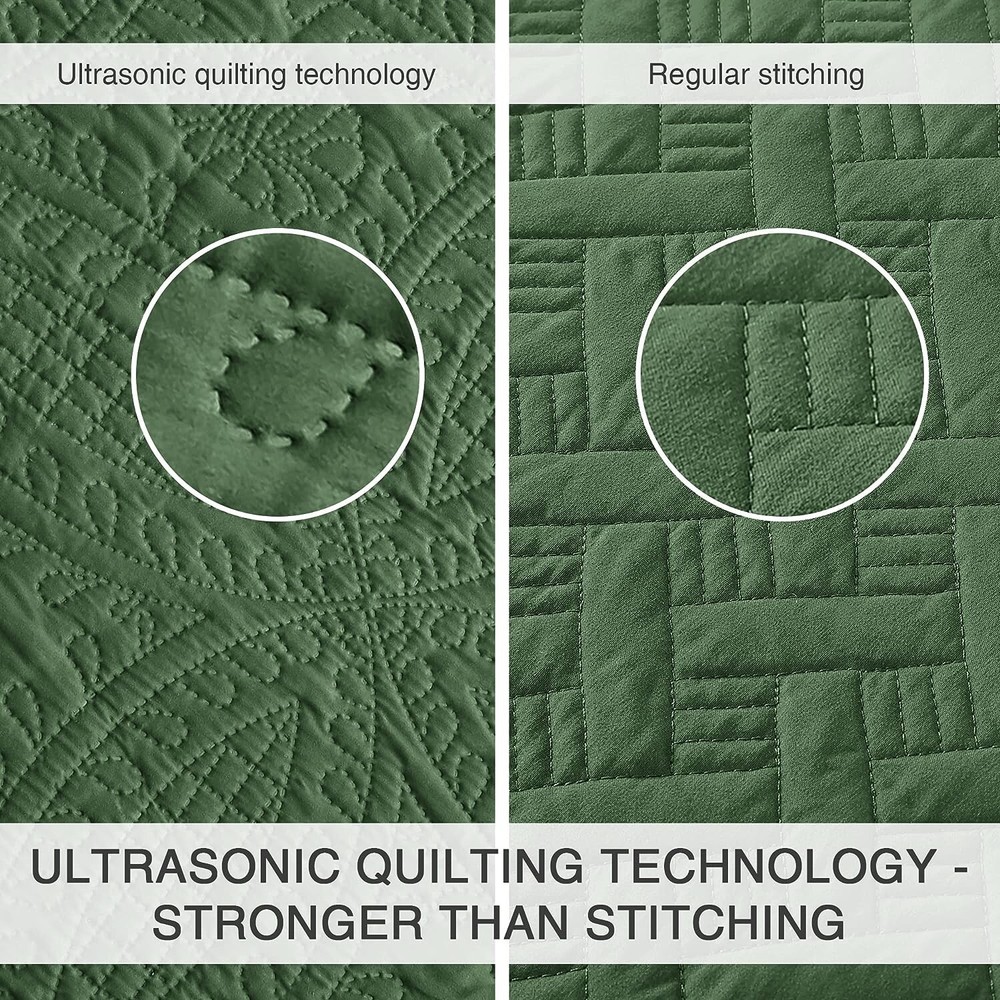 King Size Quilt Set - Lightweight Bedspread with Coin Pattern - Olive Green