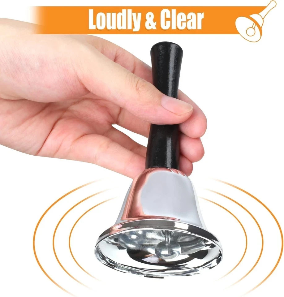 2 Pack Hand Bell Silver Steel Bell Ringing Bell with Handle Dinner Bells for Ins