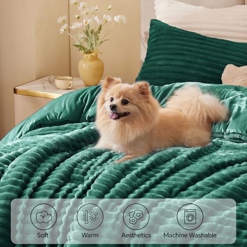 Fleece Comforter Set -Super Soft & Warm Fluffy Bedding, Queen Dark Green