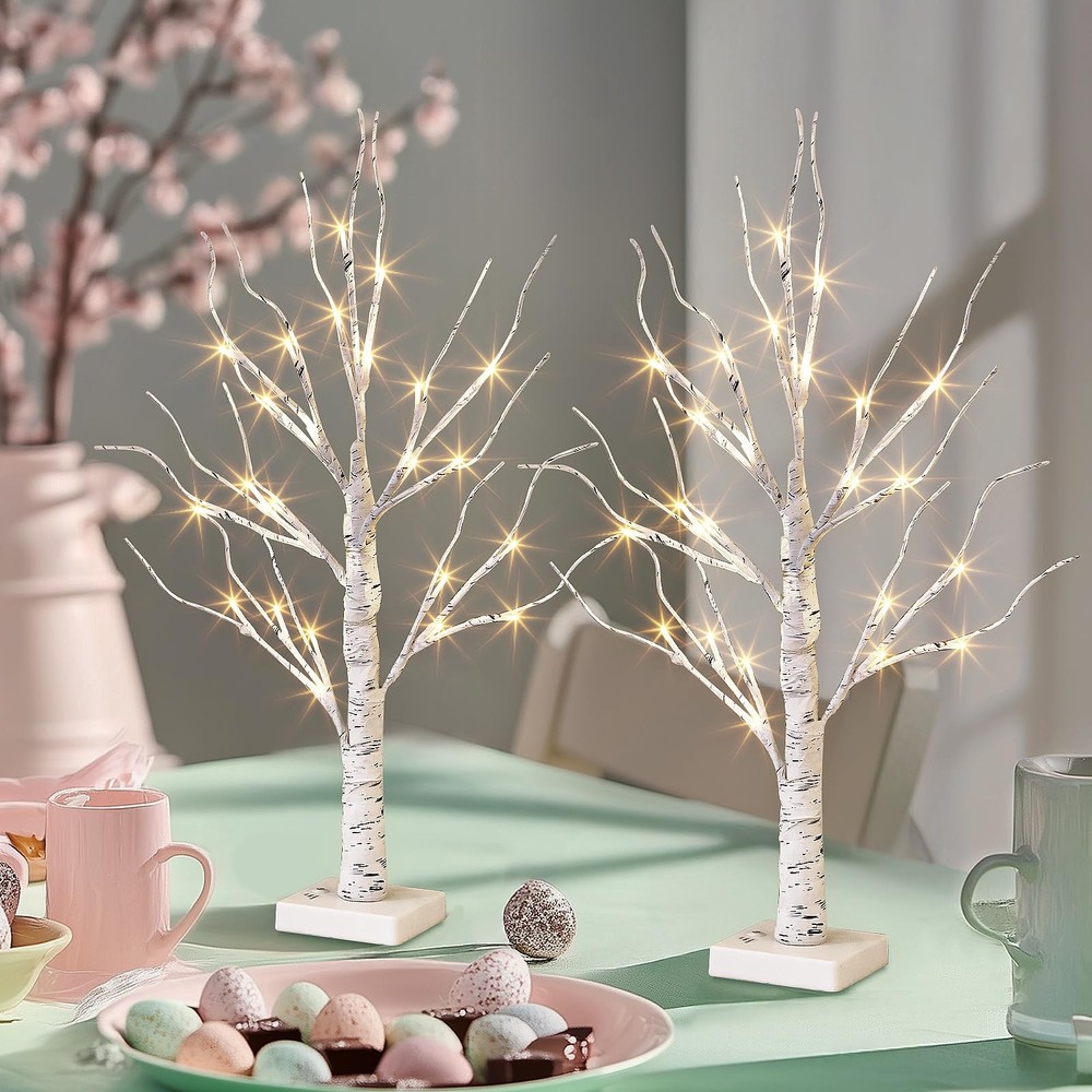 Easter Decorations, 2FT Birch Tree with Lights, Warm White Light up Tree Lamp...