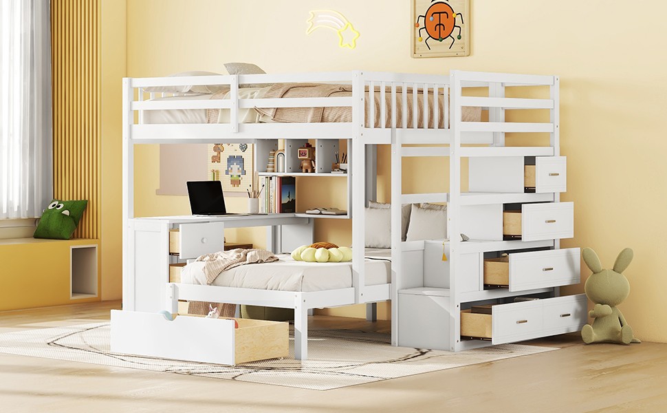 Twin Bunk Bed with Desk, Drawers & Bookcase, White Solid Wood Storage