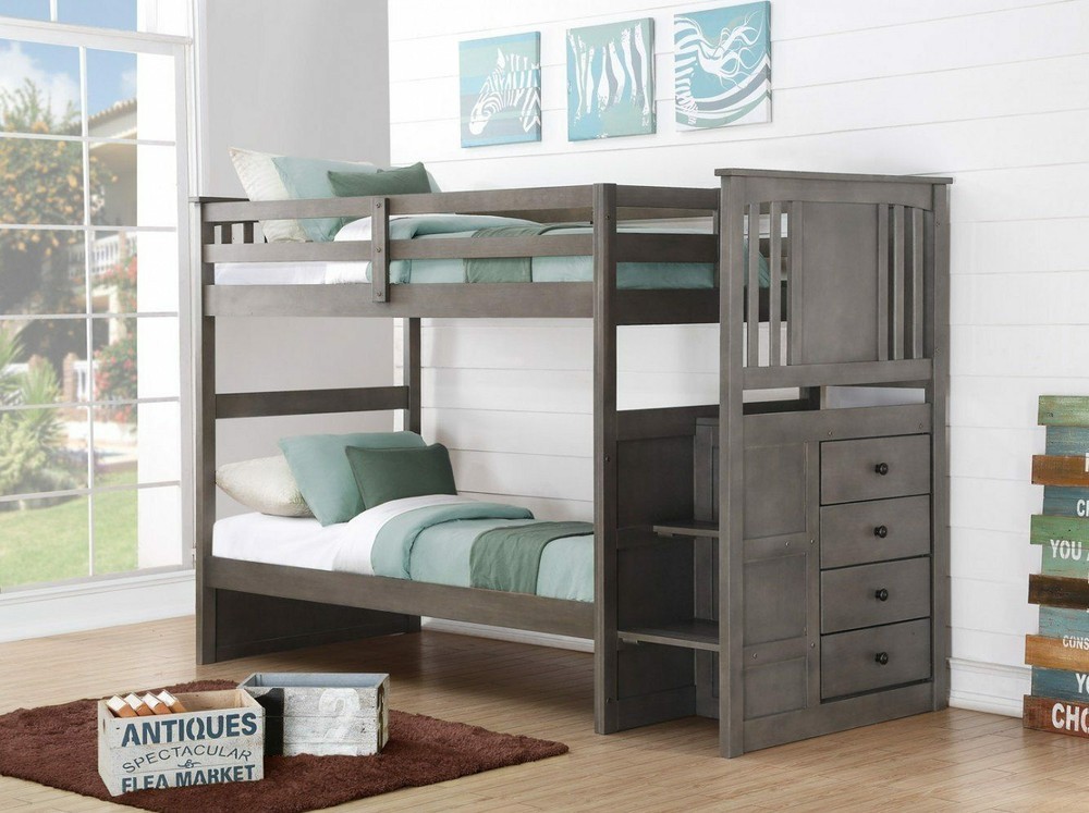 Harrison Grey Twin Bunk Bed with Stairs