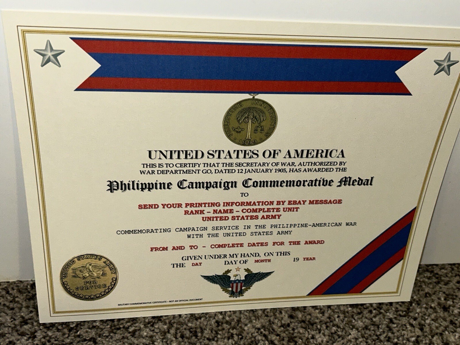 PHILIPPINE CAMPAIGN (ARMY) COMMEMORATIVE MEDAL CERTIFICATE ~ W/PRINTING TYPE-1