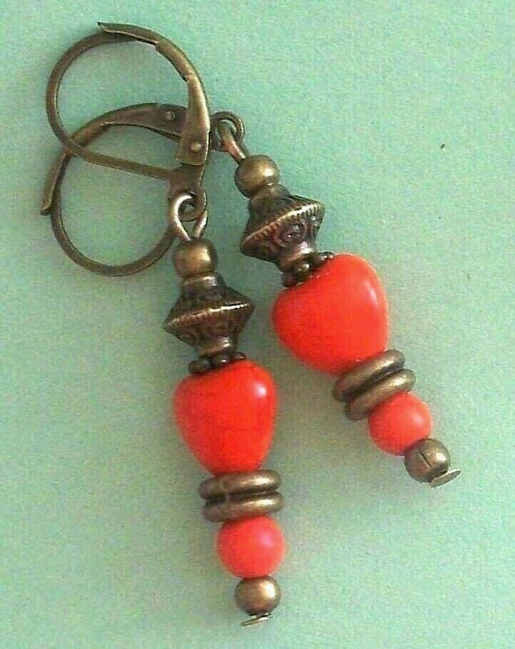 orange HEART BRONZE DROP earring leverback handcrafted
