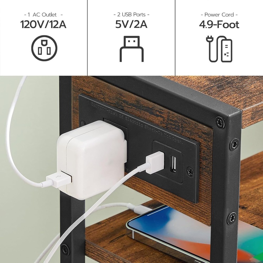 HOOBRO Small Narrow Side Table with Charging Station, Rustic Brown + Black