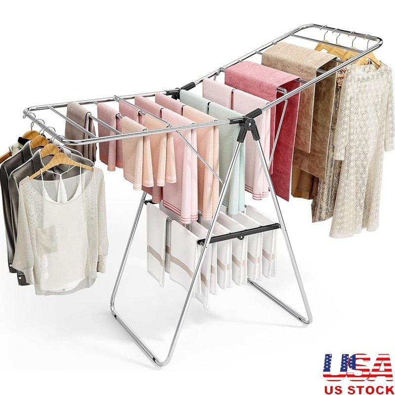 Clothes Drying Rack Clothing with Height-Adjustable Foldable Gullwings Laundry