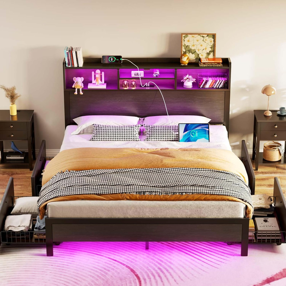 Full Bed Frame with Storage 4 Drawer Platform Bed with USB Charging Built in LED