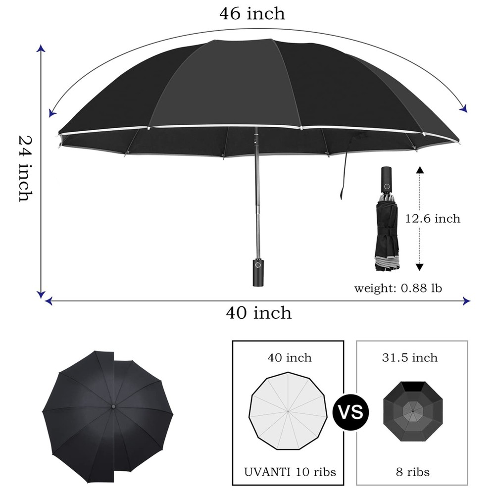 UVANTI Windproof Travel Umbrella, Compact Inverted Reverse Large, Black