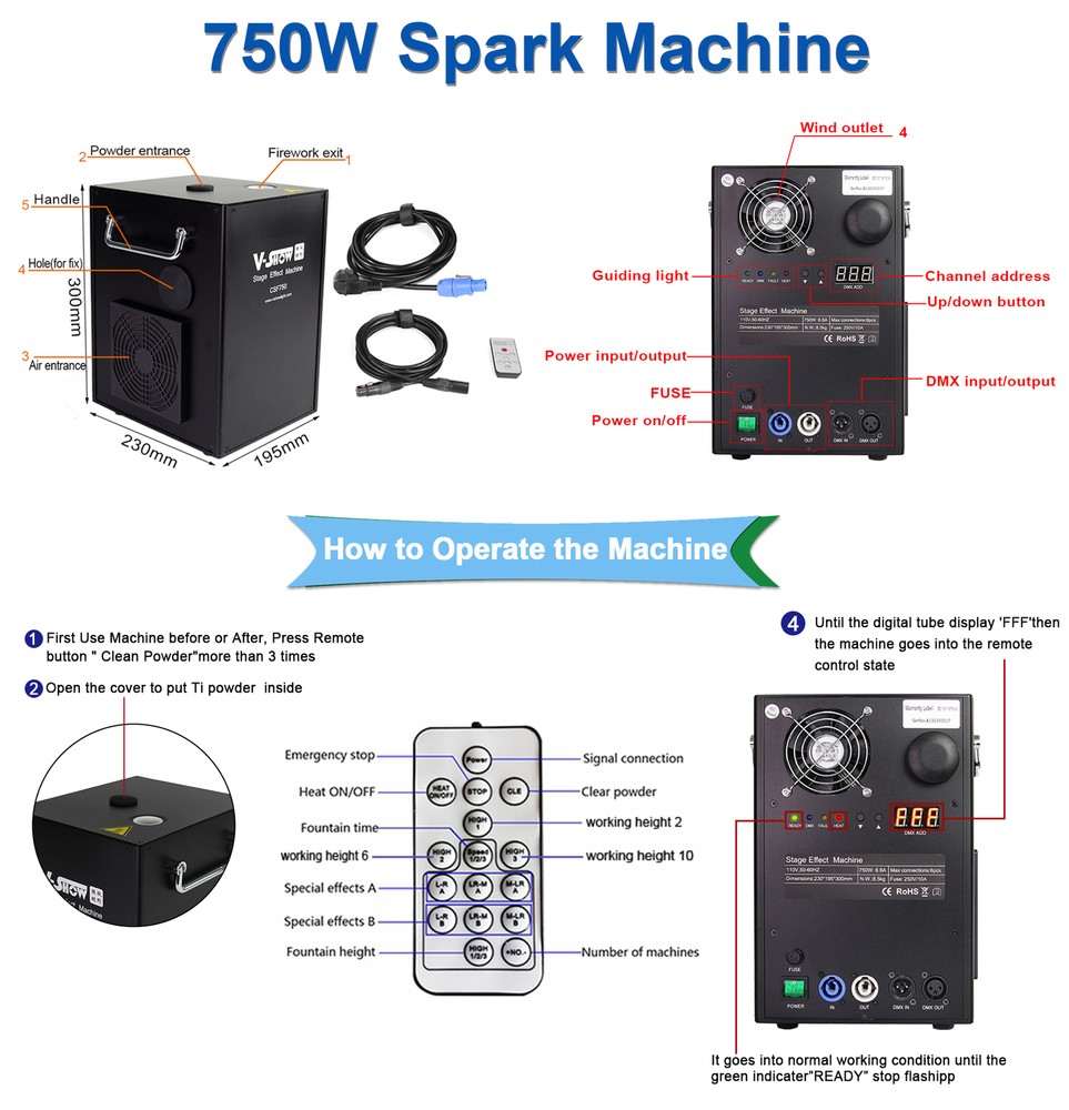 VShow 2pcs Cold Spark Machine 750W Stage Effect Firework Machine for Wedding