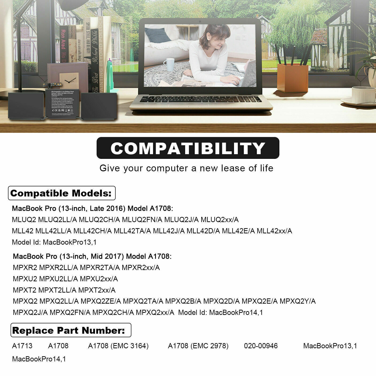 ✅A1708 A1713 Battery/Charger for Apple MacBook Pro 13’’ Late 2016/ 2017 EMC 3164