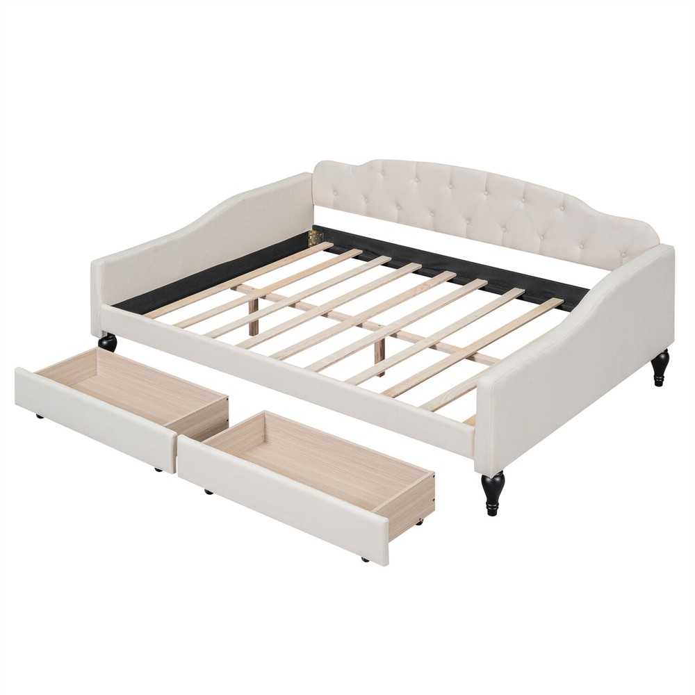 Full Size Daybed Upholstered Bed Frame Sofa Bed with 2 Storage Drawers Beige